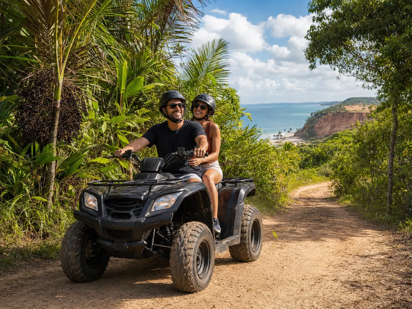Casal em passeio de quadriciclo por trilha tropical